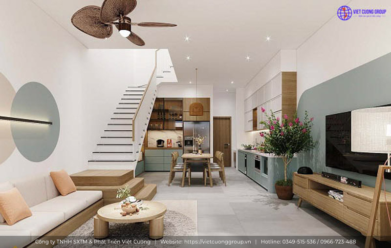 Mẫu phòng khách nhà 2 tầng màu sắc tươi sáng